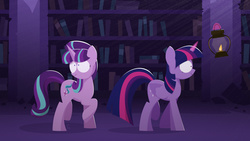 Size: 2720x1536 | Tagged: safe, artist:limejerry, starlight glimmer, twilight sparkle, alicorn, pony, unicorn, g4, book, bookshelf, castle of the royal pony sisters, crepuscular rays, female, horn, lamp, library, magic, mare, s5 starlight, telekinesis, twilight sparkle (alicorn), wavy mouth, wide eyes