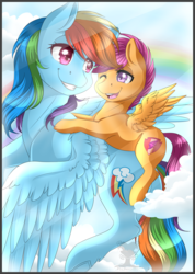 Size: 2893x4066 | Tagged: safe, artist:pillonchou, rainbow dash, scootaloo, pegasus, pony, g4, crepuscular rays, cute, cutealoo, duo, high res, lens flare, one eye closed, open mouth, ponies riding ponies, riding, scootaloo riding rainbow dash, scootalove, the cmc's cutie marks, wings