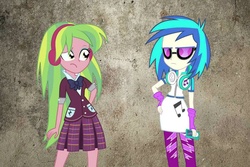 Size: 1023x682 | Tagged: safe, artist:jamesawilliams1996, dj pon-3, lemon zest, vinyl scratch, equestria girls, g4, clothes, crystal prep academy uniform, school uniform