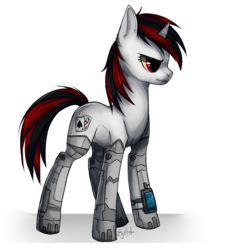 Size: 1555x1677 | Tagged: safe, artist:enjaadjital, oc, oc only, oc:blackjack, cyborg, pony, unicorn, fallout equestria, fallout equestria: project horizons, amputee, cutie mark, cybernetic legs, fanfic, fanfic art, female, hooves, horn, level 1 (project horizons), mare, simple background, solo, white background