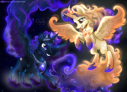 Size: 1800x1300 | Tagged: safe, artist:chantylii, oc, oc:king cosmos, oc:queen galaxia, alicorn, pony, alicorn oc, celestia and luna's father, celestia and luna's mother, duo, eye contact, female, galamos, husband and wife, looking at each other, male, parent, smiling