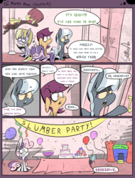 Size: 1235x1625 | Tagged: safe, artist:slitherpon, apple bloom, diamond tiara, dinky hooves, scootaloo, silver spoon, sweetie belle, earth pony, ghost, pegasus, pony, unicorn, moody mark crusaders, g4, alternate universe, balloon, bouncing castle, bouncy castle, cake, comic, cupcake, cutie mark crusaders, female, filly, food, onomatopoeia, party, party cannon, punch (drink), punch bowl, sleeping, slumber party, sound effects, z, zzz
