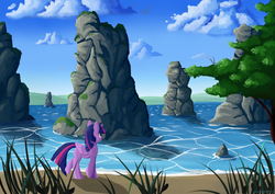 Size: 1200x848 | Tagged: safe, artist:ailynd, twilight sparkle, alicorn, pony, g4, beach, female, lake, rock, scenery, solo, tree, twilight sparkle (alicorn)