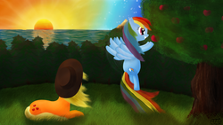 Size: 1920x1080 | Tagged: safe, artist:cavalloniere, applejack, rainbow dash, g4, apple, female, flying, food, forest, grass, grin, hat, lesbian, lying, lying down, prone, ship:appledash, shipping, smiling, spread wings, sunset, tree, water