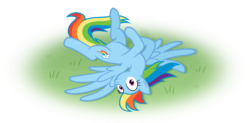 Size: 2441x1200 | Tagged: safe, artist:arvaus, rainbow dash, pony, g4, caught, cute, dashabetes, female, grass, horses doing horse things, looking at you, lying down, lying in grass, rolling, solo, wide eyes