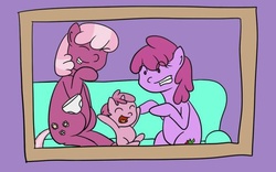 Size: 582x363 | Tagged: safe, artist:bennimarru, berry punch, berryshine, cheerilee, ruby pinch, g4, baby, diaper, eyes closed, family, family photo, female, lesbian, photo, ship:berrilee, shipping, younger