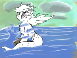 Size: 1600x1200 | Tagged: safe, oc, oc only, merpony, cloud, doodle, rock, sitting, sky, solo, water, wave, windswept mane