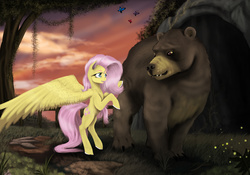 Size: 4876x3408 | Tagged: safe, artist:vinicius040598, fluttershy, harry, bear, butterfly, firefly (insect), pony, g4, bipedal, bipedal leaning, cave, female, solo, spread wings, twilight (astronomy)