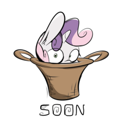 Size: 1000x1000 | Tagged: safe, artist:slitherpon, sweetie belle, pony, unicorn, g4, basket, female, filly, looking at you, peeking, simple background, solo, soon, white background