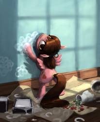 Size: 961x1164 | Tagged: safe, artist:bakuel, oc, oc only, oc:shyfly, pegasus, pony, broken, cute, female, filly, ocbetes, painting, solo, vase