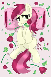Size: 920x1400 | Tagged: safe, artist:joakaha, roseluck, pony, g4, body pillow, body pillow design, female, flower, on back, rose, rose petals, solo, sultry pose