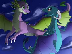 Size: 1600x1200 | Tagged: safe, artist:96paperkuts, princess ember, spike, dragon, g4, older, winged spike, wings