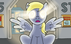 Size: 1920x1200 | Tagged: safe, artist:johnraptor, derpy hooves, pegasus, pony, g4, bad wolf, doctor who, female, glowing eyes, mare, solo, spread wings, tardis, wings