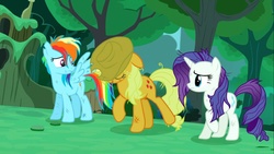 Size: 1366x768 | Tagged: safe, screencap, applejack, queen chrysalis, rainbow dash, rarity, changeling, changeling queen, g4, my little pony: friendship is magic, the cutie re-mark, alternate timeline, chrysalis resistance timeline, disguise, disguised changeling, fake applejack, fake rainbow dash, fake rarity, female