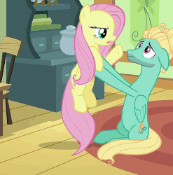 Size: 973x985 | Tagged: safe, screencap, fluttershy, zephyr breeze, pegasus, pony, flutter brutter, g4, animated, annoyed, brother and sister, cute, female, floppy ears, frown, glare, grumpy, holding a pony, loop, male, mare, messy mane, petting, siblings, sitting, stallion, unamused