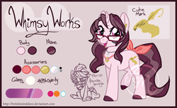 Size: 3000x1820 | Tagged: safe, artist:britishmindslave, artist:cocoamintwhimsy, oc, oc only, oc:whimsy works, pony, unicorn, cutie mark, ponysona, reference sheet, simple background, tail bow