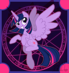 Size: 2506x2626 | Tagged: safe, artist:britishmindslave, artist:cocoamintwhimsy, twilight sparkle, alicorn, pony, g4, female, flying, greek, high res, looking at you, magic, magic circle, smiling, smiling at you, solo, spell circle, twilight sparkle (alicorn), wings
