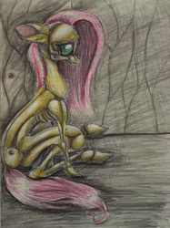 Size: 1280x1707 | Tagged: safe, artist:sweetstrawberryblood, fluttershy, g4, female, flutterbot, lined paper, pen drawing, sitting, solo, traditional art