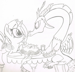 Size: 900x853 | Tagged: safe, artist:sixteen6stars, discord, oc, alicorn, draconequus, pony, g4, alicorn oc, black and white, canon x oc, duo, female, food, glass, grayscale, horn, lineart, male, monochrome, pasta, shipping, spaghetti, spaghetti scene, straight, table, wings