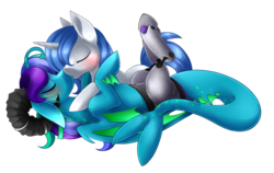 Size: 3002x1899 | Tagged: safe, artist:scarlet-spectrum, oc, oc only, oc:furrose, oc:voca pacifica, blushing, commission, cuddling, eyes closed, kissing, mechanized, shipping, simple background, snuggling, transparent background