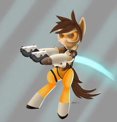 Size: 1600x1664 | Tagged: safe, artist:titan2955, crossover, goggles, gun, overwatch, solo, tracer, weapon