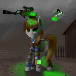 Size: 1600x1600 | Tagged: safe, artist:titan2955, oc, oc only, oc:littlepip, pony, unicorn, fallout equestria, clothes, fanfic, fanfic art, female, glowing horn, gun, handgun, horn, jumpsuit, little macintosh, magic, mare, pipbuck, revolver, rifle, solo, telekinesis, vault suit, wasteland, weapon