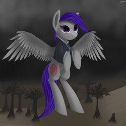 Size: 1600x1600 | Tagged: safe, artist:titan2955, oc, oc only, oc:morning glory (project horizons), branded, cloud, dashite, dashite brand, dead tree, flying, solo, spread wings, tree