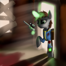 Size: 1600x1600 | Tagged: safe, artist:titan2955, oc, oc only, oc:littlepip, pony, unicorn, fallout equestria, clothes, fanfic, fanfic art, female, glowing horn, gun, handgun, horn, jumpsuit, little macintosh, magic, mare, pipbuck, revolver, solo, telekinesis, vault suit, weapon