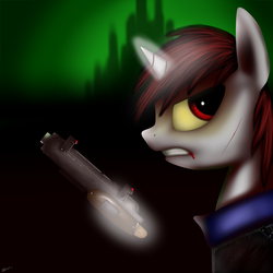 Size: 1600x1600 | Tagged: safe, artist:titan2955, oc, oc only, oc:blackjack, cyborg, pony, unicorn, fallout equestria, fallout equestria: project horizons, fanfic, fanfic art, female, glowing horn, gun, hoofington, hooves, horn, levitation, magic, mare, solo, teeth, telekinesis, weapon