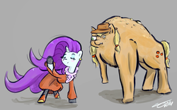 Size: 1248x777 | Tagged: safe, artist:liracrown, applejack, rarity, g4, beast, blushing, boots, clothes, dress, ear piercing, earring, flowing mane, gloves, jewelry, mutation, piercing, sketch