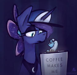 Size: 1280x1253 | Tagged: safe, artist:loneless-art, princess luna, trixie, pony, luna-afterdark, g4, coffee, coffee mug, constellation, cup of pony, hat, inconvenient trixie, micro