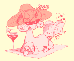 Size: 1258x1031 | Tagged: safe, artist:burrburro, pony, unicorn, book, drink, hat, solo, sun hat, sunbathing, sunglasses