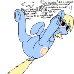 Size: 768x768 | Tagged: safe, artist:thebathwaterhero, oc, oc only, oc:sunny days, earth pony, pony, series:entrapment, breaking the fourth wall, color, female, filly, legs in air, on back, solo, talking, talking to viewer