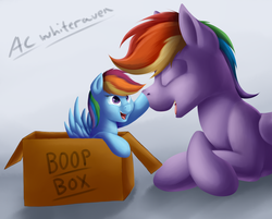 Size: 1280x1030 | Tagged: safe, artist:ac-whiteraven, rainbow blaze, rainbow dash, pony, g4, boop, boop box, box, brother and sister, cute, dashabetes, eyes closed, female, filly rainbow dash, male, open mouth, pony in a box, prone, siblings, signature, smiling, weapons-grade cute, younger