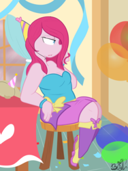 Size: 3000x4000 | Tagged: safe, artist:befishproductions, pinkie pie, equestria girls, g4, party of one, breasts, chubby, cleavage, clothes, female, pinkamena diane pie, plump, shoes, signature, skirt, socks, solo