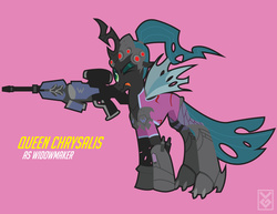 Size: 3300x2550 | Tagged: safe, artist:inspectornills, queen chrysalis, g4, clothes, crossover, female, gun, high res, overwatch, rifle, solo, weapon, widowmaker