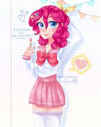 Size: 1165x1469 | Tagged: safe, artist:zorbitas, pinkie pie, human, g4, beautiful, clothes, female, humanized, miniskirt, pen, pleated skirt, practice, sketchbook, skirt, socks, solo, thigh highs, thigh socks, zettai ryouiki