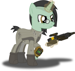 Size: 3173x3000 | Tagged: safe, artist:ruinedomega, oc, oc only, oc:suo motu, pony, unicorn, fallout equestria, brotherhood of steel, clothes, energy weapon, fallout, female, glasses, glowing horn, gun, high res, hooves, horn, jumpsuit, laser pistol, levitation, magic, magical energy weapon, mare, pipbuck, raised hoof, simple background, solo, standing, telekinesis, transparent background, vector, weapon
