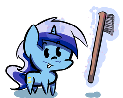 Size: 865x692 | Tagged: safe, artist:davierocket, minuette, pony, unicorn, g4, button eyes, female, grin, magic, shiny teeth, simple background, smiling, solo, toothbrush