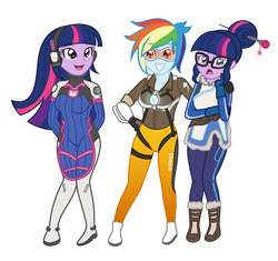 Size: 2227x2091 | Tagged: safe, artist:sumin6301, rainbow dash, sci-twi, twilight sparkle, equestria girls, g4, analiz sánchez, clothes, crossover, d.va, german, glasses, high res, julia meynen, latin american, mei, open mouth, overwatch, rainbow tracer, simple background, tracer, twolight, voice actor joke, white background