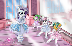 Size: 3600x2300 | Tagged: safe, artist:avchonline, rarity, snails, spike, sweetie belle, dragon, unicorn, semi-anthro, g4, ballerina, ballet, ballet slippers, barre, bipedal, bipedal leaning, blushing, bow, canterlot royal ballet academy, classroom, clothes, colt, crossdressing, cute, dancing, embarrassed, evening gloves, eyeshadow, female, filly, foal, glitter shell, gloves, hair bow, happy, hello kitty, high res, jewelry, makeup, male, mare, mirror, necklace, pantyhose, puffy sleeves, sanrio, shellbetes, sissy, skirt, sky, studio, tiara, tutu, window