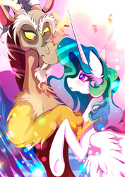 Size: 1358x1920 | Tagged: safe, artist:rariedash, discord, princess celestia, g4, eye contact, female, male, raised hoof, ship:dislestia, shipping, straight