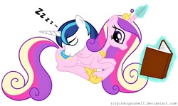 Size: 2566x1529 | Tagged: safe, artist:pinkcupcake17, princess cadance, shining armor, g4, book, cuddling, sleeping, snuggling, zzz