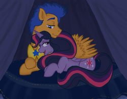 Size: 1643x1280 | Tagged: safe, artist:doodlinjaz, flash sentry, twilight sparkle, alicorn, pony, g4, alternate hairstyle, armor, curtains, female, male, pillow, ship:flashlight, shipping, snuggling, straight, twilight sparkle (alicorn)