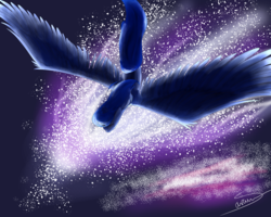 Size: 1024x819 | Tagged: safe, artist:mysterydashpony, princess luna, g4, eyes closed, female, flying, solo, space, stars
