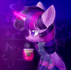 Size: 1024x1013 | Tagged: safe, artist:starlet8228, twilight sparkle, alicorn, pony, g4, clothes, coffee, female, magic, profile, sitting, solo, sweater, telekinesis, twilight sparkle (alicorn)