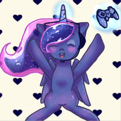 Size: 624x625 | Tagged: safe, artist:omidino123, princess luna, gamer luna, g4, blushing, controller, eyes closed, female, headset, magic, sitting, solo, telekinesis