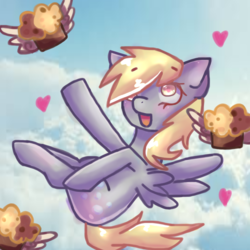 Size: 619x619 | Tagged: safe, artist:omidino123, derpy hooves, pegasus, pony, g4, cloud, female, flying, food, heart, mare, muffin, solo