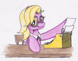 Size: 1349x1056 | Tagged: safe, artist:scribblepwn3, grace manewitz, earth pony, pony, g4, rarity takes manehattan, colored pencil drawing, female, glasses, pen drawing, pencil, secretary, solo, traditional art, typewriter