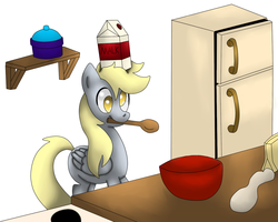 Size: 1280x1024 | Tagged: safe, artist:king-sombrero, derpy hooves, pegasus, pony, g4, bowl, cooking, female, kitchen, malk, mare, milk, mouth hold, refrigerator, solo, spoon